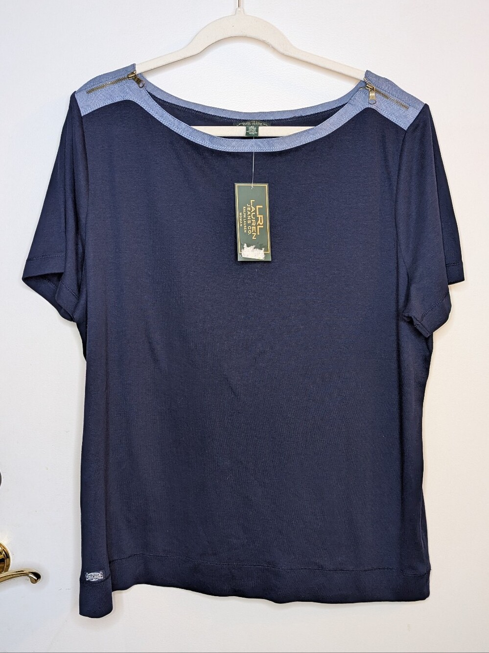 Lauren Ralph Lauren Navy Short-Sleeve Top with Light Blue Trim